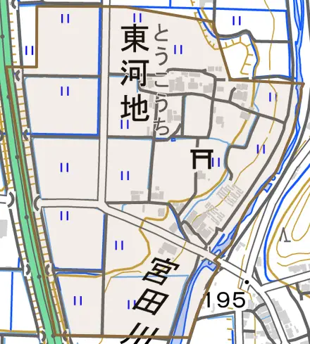 東河地とその周辺の地図。町の範囲を重ねている