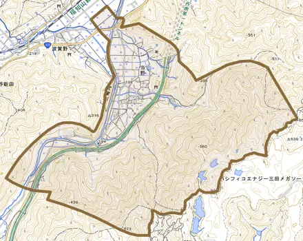 当野とその周辺の地図。町の範囲を重ねている
