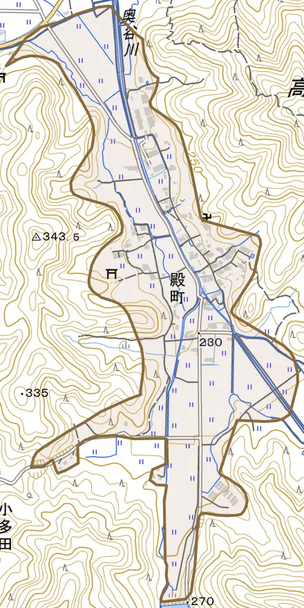 殿町とその周辺の地図。町の範囲を重ねている
