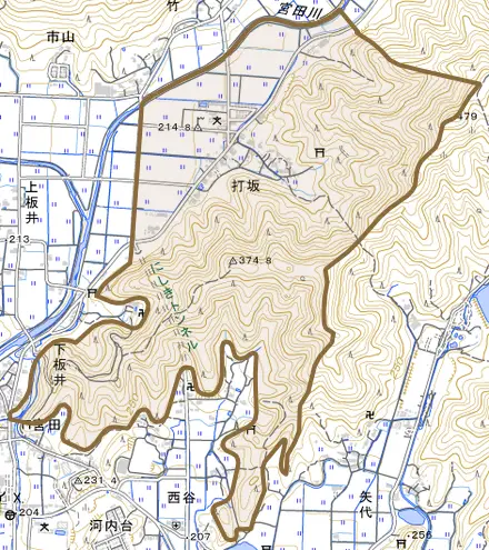 打坂とその周辺の地図。町の範囲を重ねている