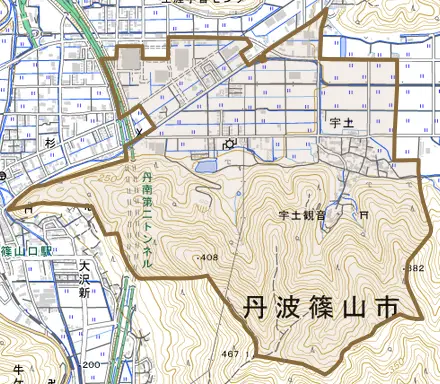 宇土とその周辺の地図。町の範囲を重ねている