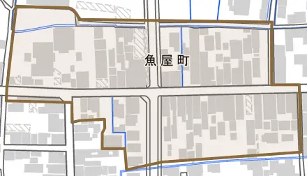 魚屋町とその周辺の地図。町の範囲を重ねている