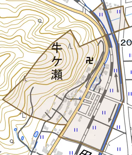 牛ケ瀬とその周辺の地図。町の範囲を重ねている