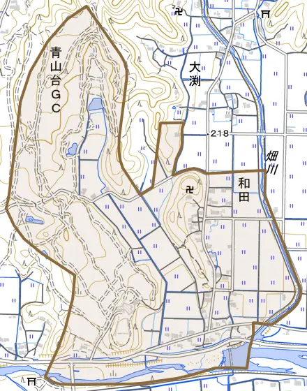 和田とその周辺の地図。町の範囲を重ねている