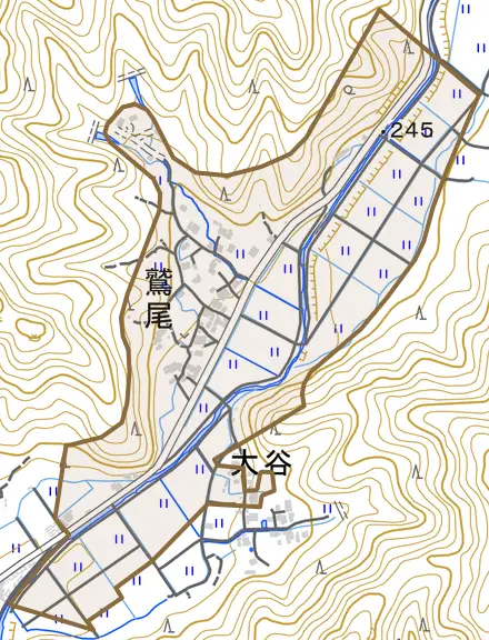 鷲尾とその周辺の地図。町の範囲を重ねている