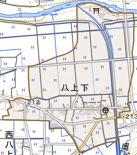 八上下とその周辺の地図。町の範囲を重ねている
