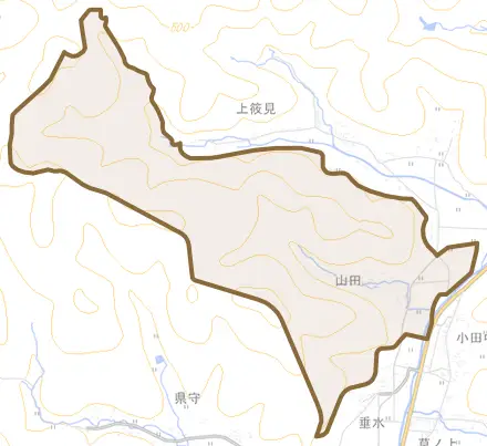 山田とその周辺の地図。町の範囲を重ねている
