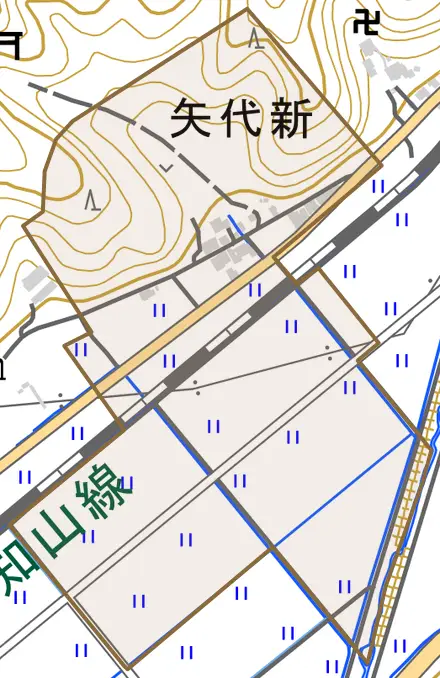 矢代新とその周辺の地図。町の範囲を重ねている