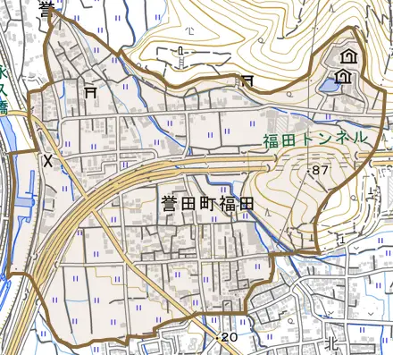 誉田町福田とその周辺の地図。町の範囲を重ねている