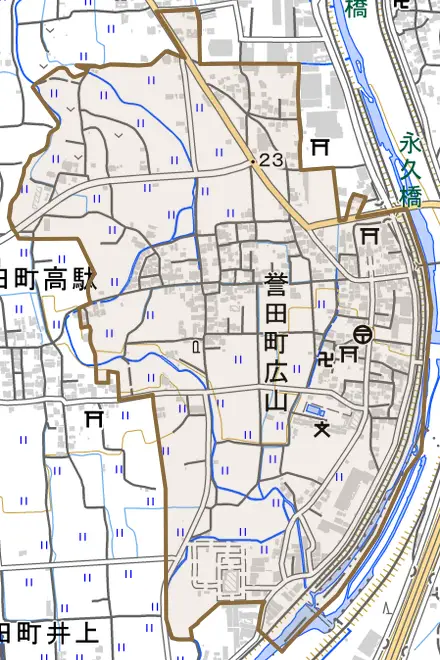誉田町広山とその周辺の地図。町の範囲を重ねている