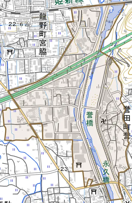 誉田町誉とその周辺の地図。町の範囲を重ねている
