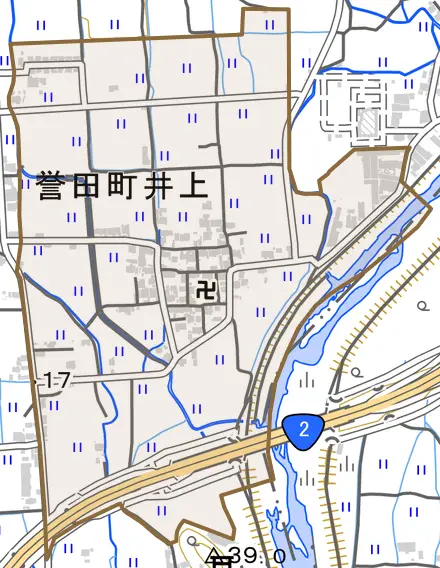 誉田町井上とその周辺の地図。町の範囲を重ねている