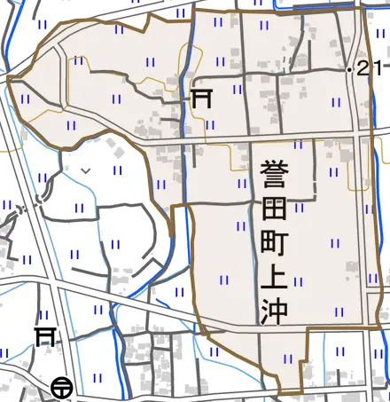 誉田町上沖とその周辺の地図。町の範囲を重ねている