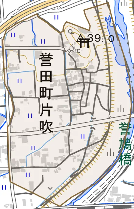 誉田町片吹とその周辺の地図。町の範囲を重ねている