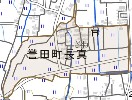 誉田町長真とその周辺の地図。町の範囲を重ねている