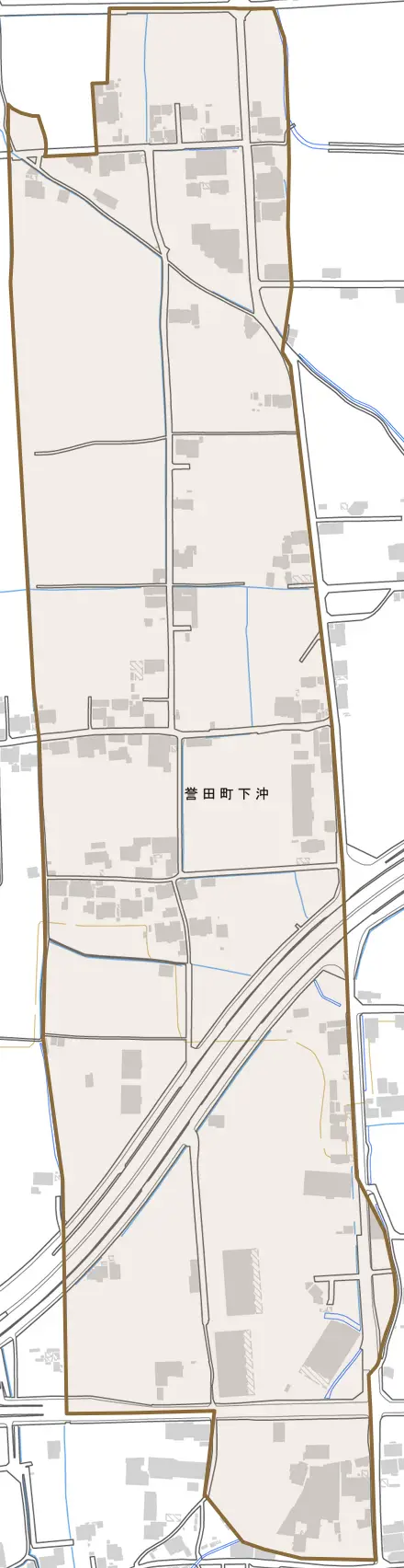 誉田町下沖とその周辺の地図。町の範囲を重ねている
