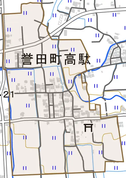 誉田町高駄とその周辺の地図。町の範囲を重ねている