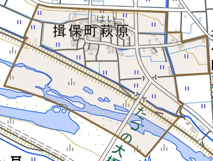 揖保町萩原とその周辺の地図。町の範囲を重ねている
