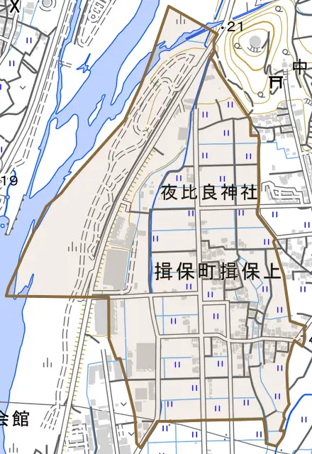 揖保町揖保上とその周辺の地図。町の範囲を重ねている