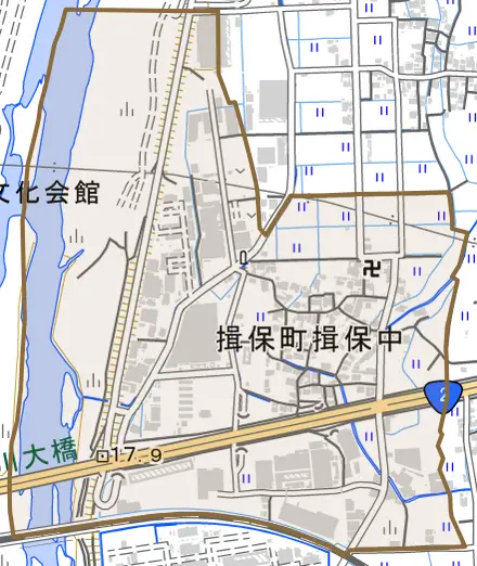 揖保町揖保中とその周辺の地図。町の範囲を重ねている