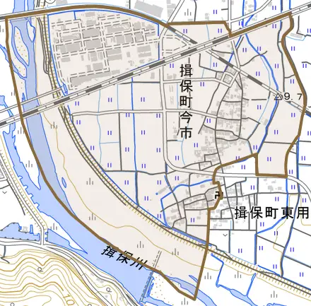 揖保町今市とその周辺の地図。町の範囲を重ねている