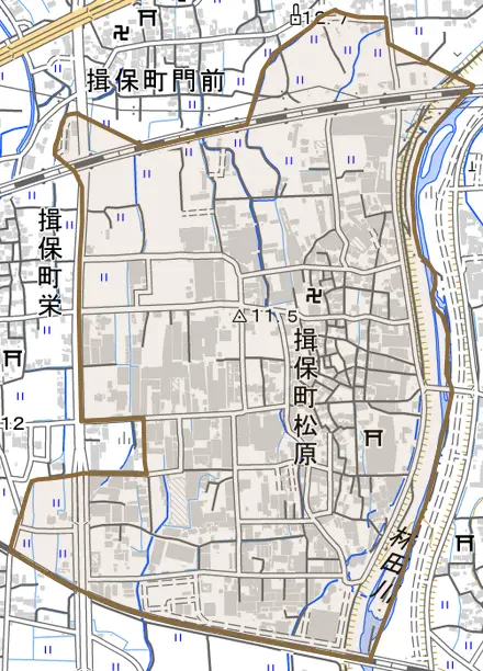 揖保町松原とその周辺の地図。町の範囲を重ねている
