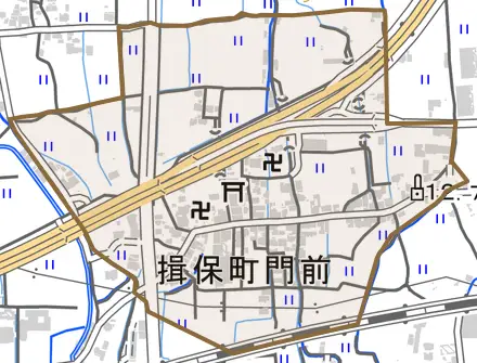 揖保町門前とその周辺の地図。町の範囲を重ねている
