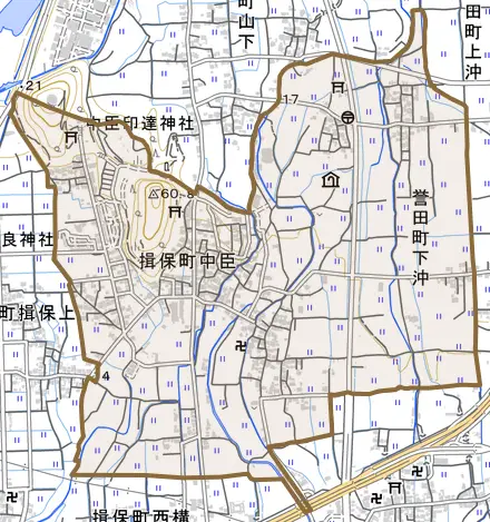 揖保町中臣とその周辺の地図。町の範囲を重ねている