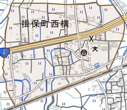 揖保町西構とその周辺の地図。町の範囲を重ねている