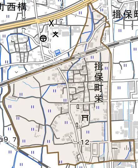 揖保町栄とその周辺の地図。町の範囲を重ねている