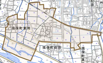 揖保町東用とその周辺の地図。町の範囲を重ねている