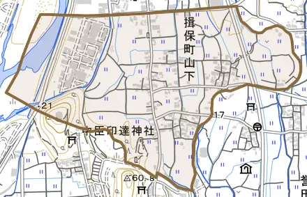 揖保町山下とその周辺の地図。町の範囲を重ねている
