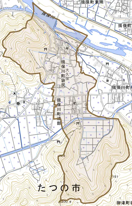 揖保川町袋尻とその周辺の地図。町の範囲を重ねている
