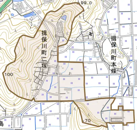 揖保川町二塚とその周辺の地図。町の範囲を重ねている