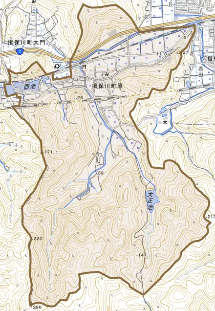 揖保川町原とその周辺の地図。町の範囲を重ねている
