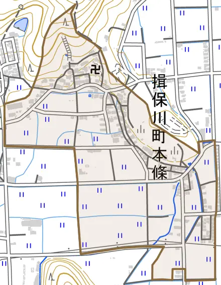 揖保川町本條とその周辺の地図。町の範囲を重ねている
