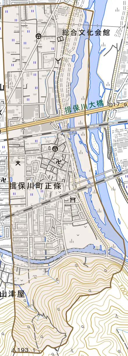 揖保川町正條とその周辺の地図。町の範囲を重ねている