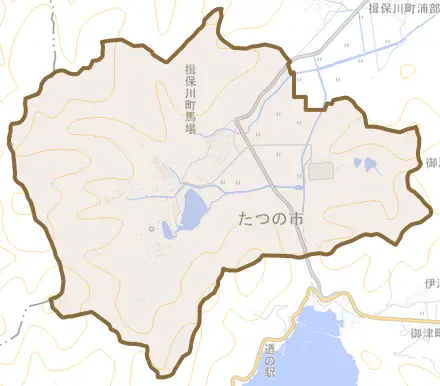 揖保川町馬場とその周辺の地図。町の範囲を重ねている