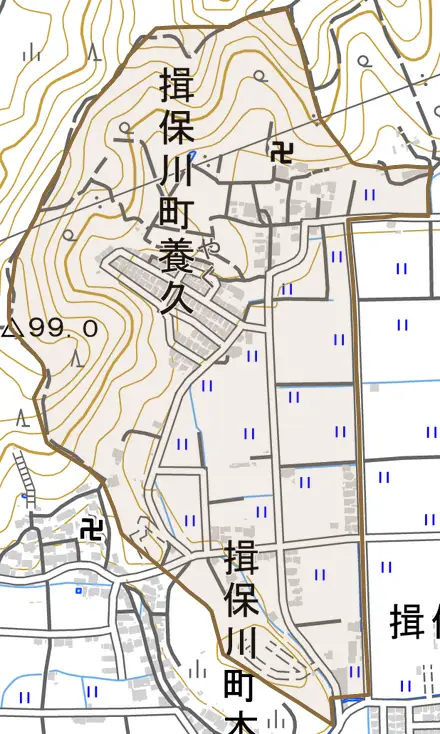 揖保川町養久とその周辺の地図。町の範囲を重ねている