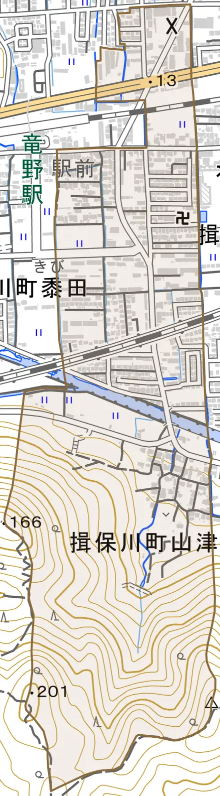 揖保川町山津屋とその周辺の地図。町の範囲を重ねている