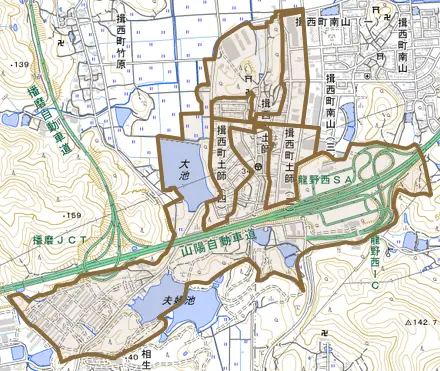 揖西町土師とその周辺の地図。町の範囲を重ねている
