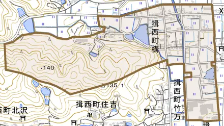 揖西町構とその周辺の地図。町の範囲を重ねている