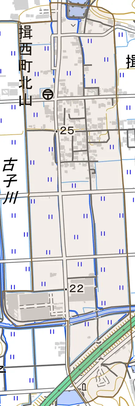 揖西町北山とその周辺の地図。町の範囲を重ねている