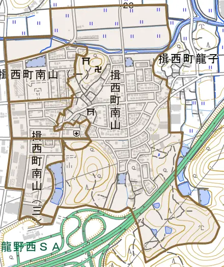 揖西町南山とその周辺の地図。町の範囲を重ねている
