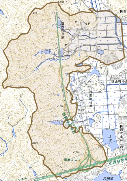 揖西町長尾とその周辺の地図。町の範囲を重ねている