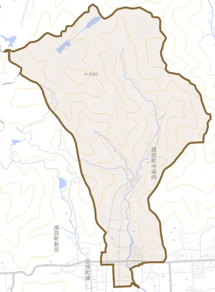 揖西町中垣内とその周辺の地図。町の範囲を重ねている