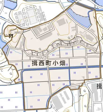 揖西町小畑とその周辺の地図。町の範囲を重ねている