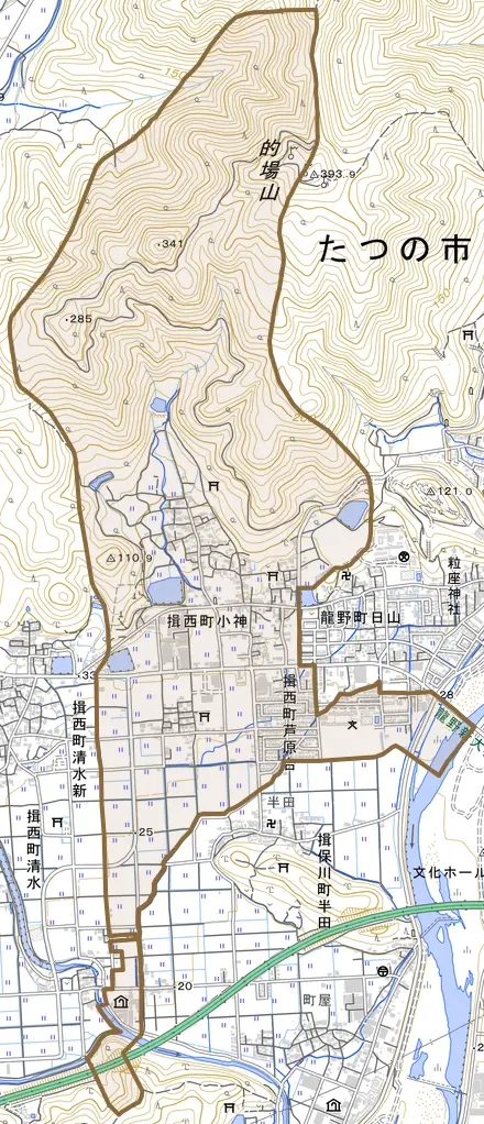 揖西町小神とその周辺の地図。町の範囲を重ねている