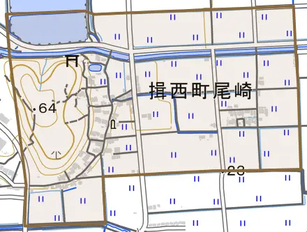 揖西町尾崎とその周辺の地図。町の範囲を重ねている