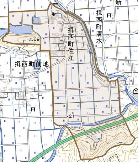 揖西町佐江とその周辺の地図。町の範囲を重ねている